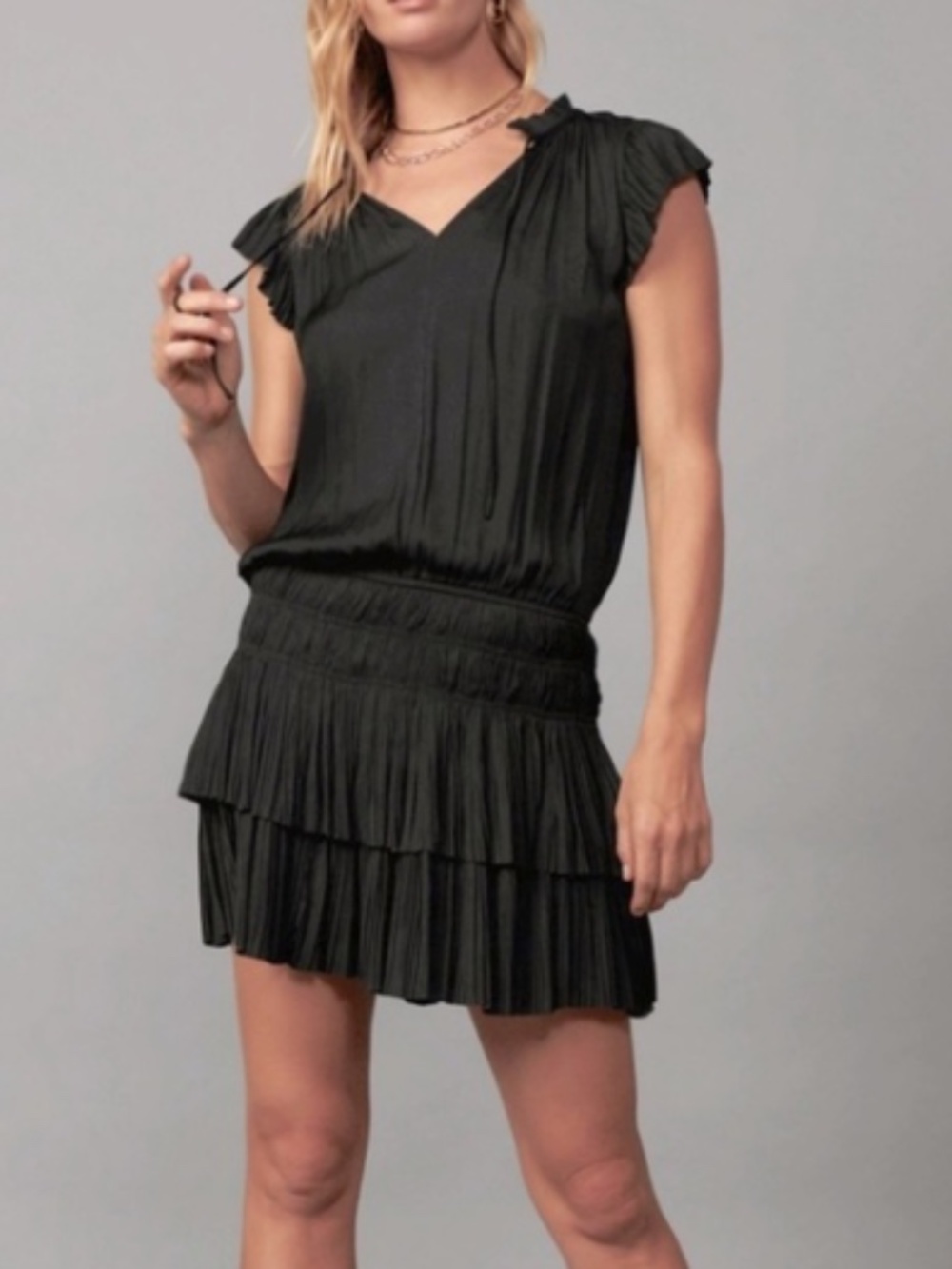 Current Air Drop Waist Zoey Split Neck Tie Mini Dress